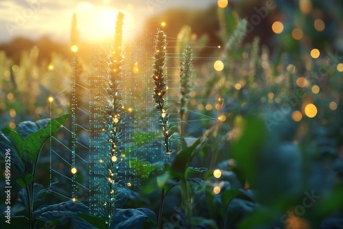 Bioinformatics applied agriculture concept art showing genetically optimized crops visualized through genome maps