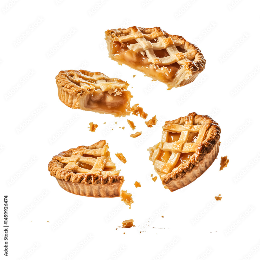 Delicious Apple Pie Slices Falling Isolated on Transparent Background Delicious Apple Pie Slices Falling Isolated on Transparent Background