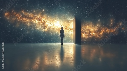 Silhouette of Person Walking Through Glowing Doorway to Cosmic Starry Scene Digital Art