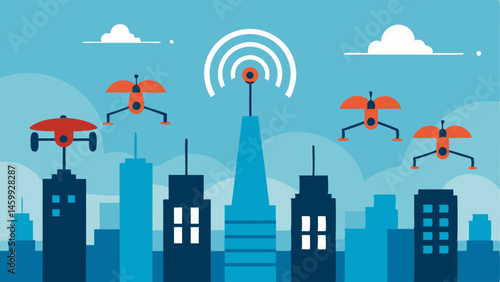 Drones in the Air Several drones flying above a city each emitting signal waves demonstrating how 5G enhances aerial connectivity and the capability to transmit data rapidly.
