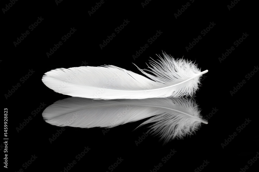 Obraz premium Delicate white feather, reflected on dark surface