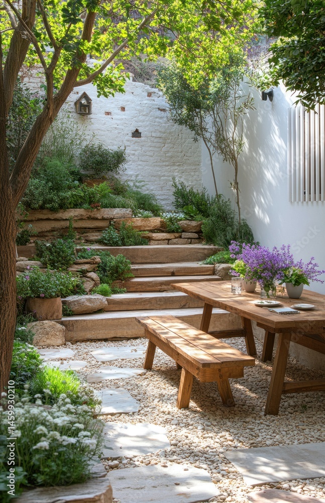 Obraz premium Small garden patio with wooden table, bench, and stone steps, peaceful background