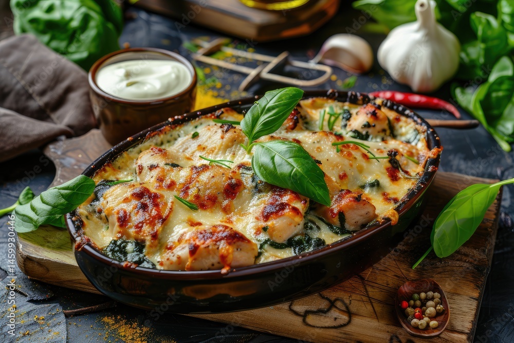 oven baked spinach and chicken in a creamy cheese sauce, finished with au gratin topping oven baked spinach and chicken in a creamy cheese sauce, finished with au gratin topping
