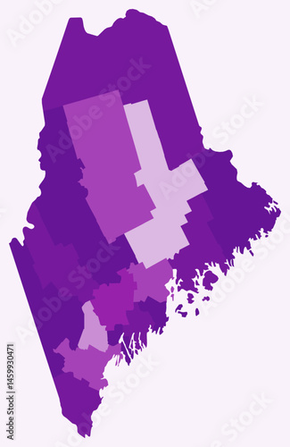 Map of Maine with counties. Just a simple state border map with county division. Purple color palette. Blank State of Maine shape with administrative division. Vector illustration.
