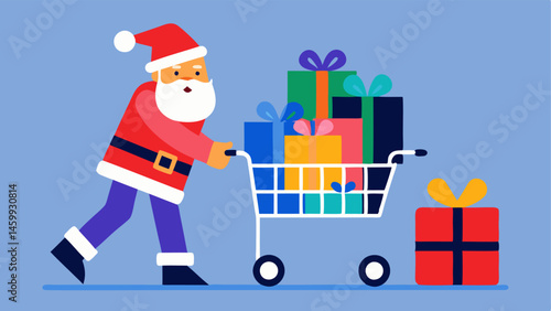 Santa in Store Aisles Santa Claus merrily pushing a shopping cart filled with colorful gift boxes in a bustling store aisle surrounded by signs promoting Black Friday Sales.