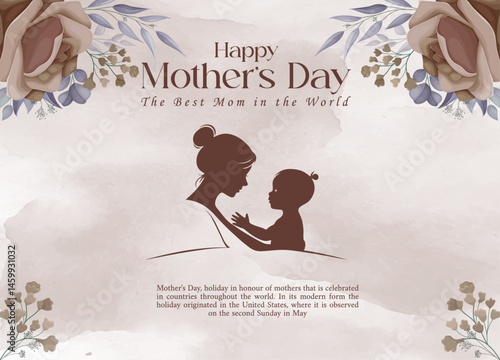 Happy Mother's Day Floral Greeting Card, Mother's Day Post with Watercolor Art, Elegant Mom and Child Silhouette Design, Floral Mother's Day Greeting Illustration, Sentimental Mother's Day Card Design