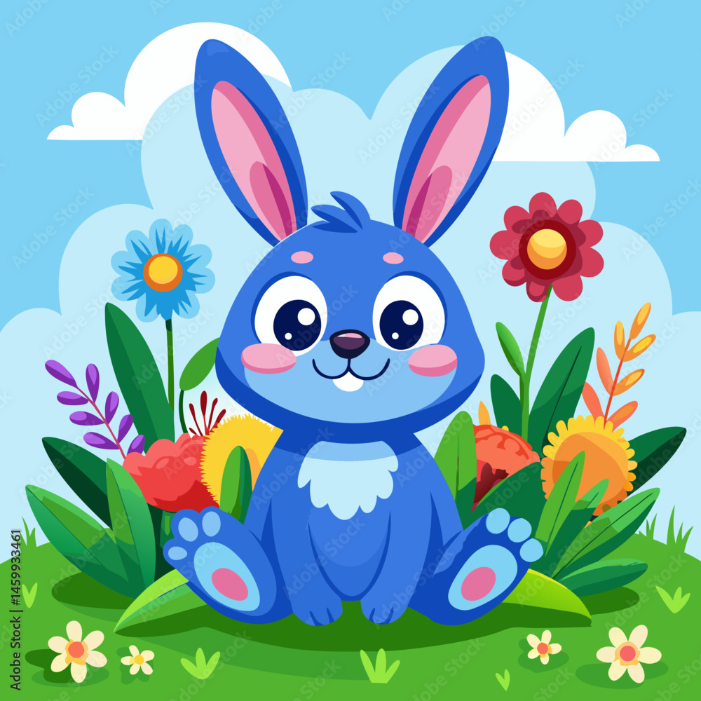 Fototapeta premium Adorable Blue Bunny Sitting Amidst Vibrant Spring Flowers.
