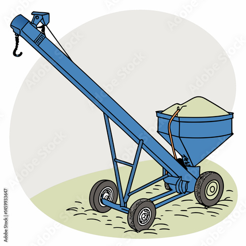 Blue grain auger with wheels. Agricultural conveyor system  for grain transportation