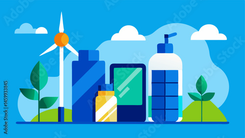 SolarPowered Products An illustration of solar panels and wind turbines in the background with ecofriendly products like water bottles and notebooks in the foreground.