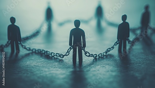 Silhouette figures chained together.  Imprisonment, interconnected, and powerless