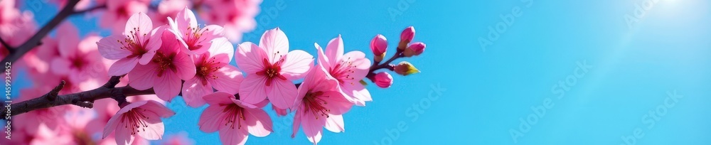 Pink cherry blossoms heavy on branch, vibrant blue sky backdrop, vibrant, bloom Pink cherry blossoms heavy on branch, vibrant blue sky backdrop, vibrant, bloom
