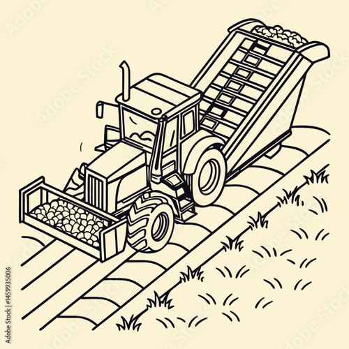 Potato harvester in a farmer's field in sketch style