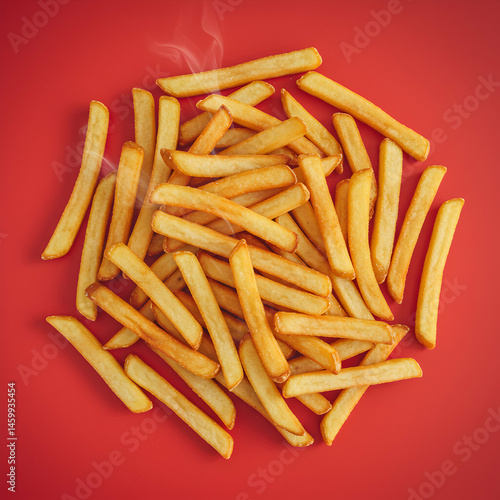 A top down view of a pile of golden french fries on a red surface with visible steam rising up