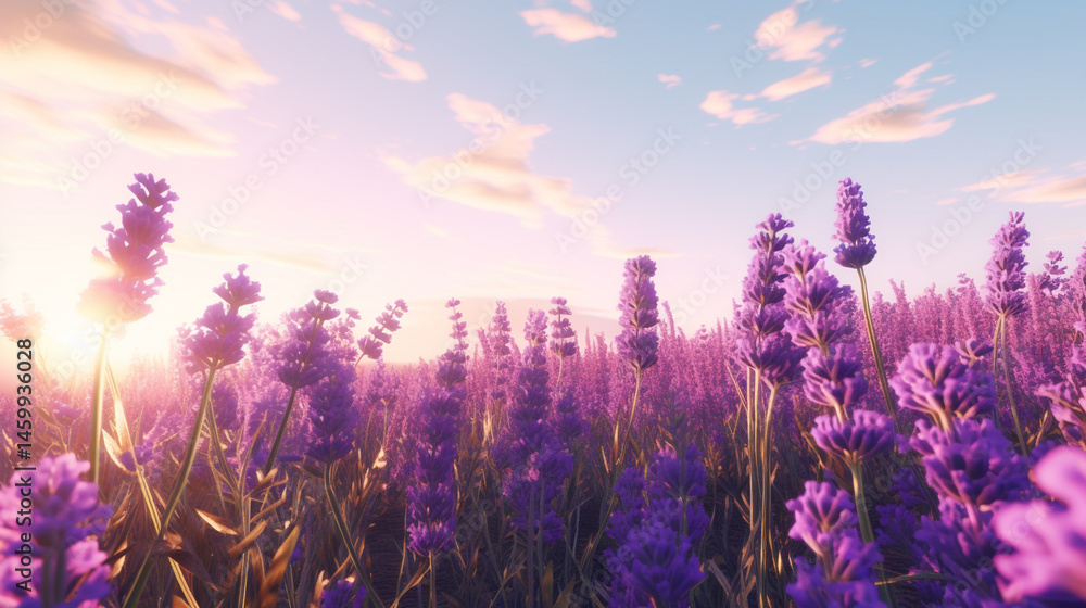 Naklejka premium A lavender field under a pastel sky with soft clouds and a bright sun shining in the distance