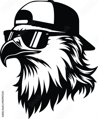 Bald Eagle Head Wearing a Mullet Trucker Cap and sunglasses