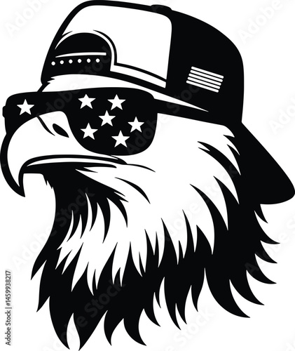 Patriotic Bald Eagle wearing Mullet trucker hat with American Flag Sunglasses