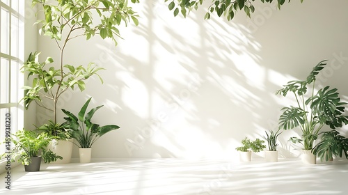 Bright room with plants in pots and sunlight casting shadows on wall