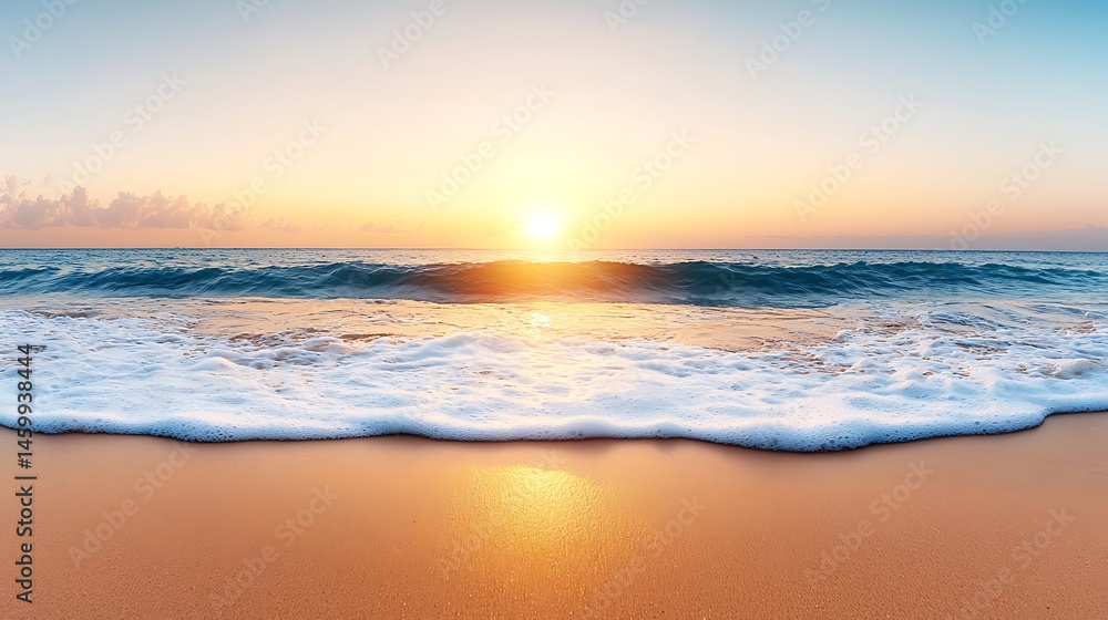 Obraz premium Golden Hour Beach Paradise: Serene Ocean Wave Meets Sandy Shore Under a Peaceful, Warm Sunrise.