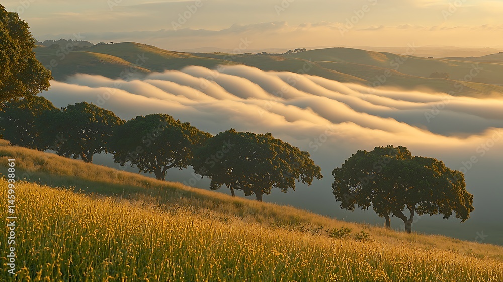 Fototapeta premium Scenic Valley Vista with Rolling Fog Golden Sunlight and Lush Greenery featuring Distant Hills and a Row of Trees Silhouetted Against the Misty Landscape Early Morning Calmness Serenity Nature