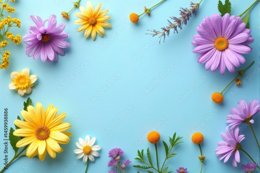 Fototapeta premium Vibrant Spring Flowers Frame on Pastel Blue Background