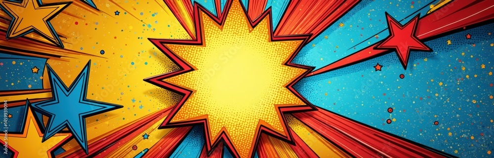 Fototapeta premium Dynamic comic style background with star shapes and halftone dots. Bright, colourful illustration with burst effect and multiple colors. Modern retro pop art. Youth culture design.