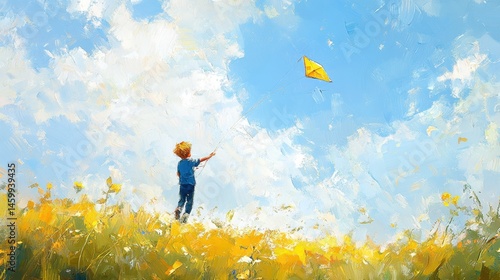 A child in a field, releasing a kite into a vibrant sky.