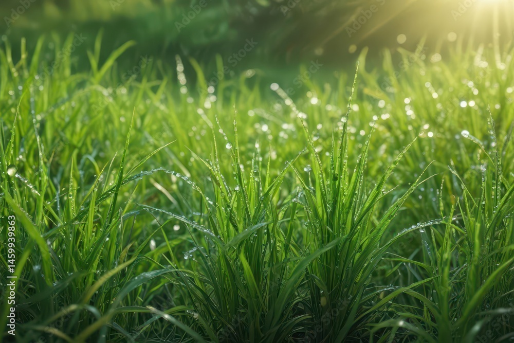 Fototapeta premium Lush green grass blades glistening with dewdrops, sunlit morning freshness, green, lawn, droplets