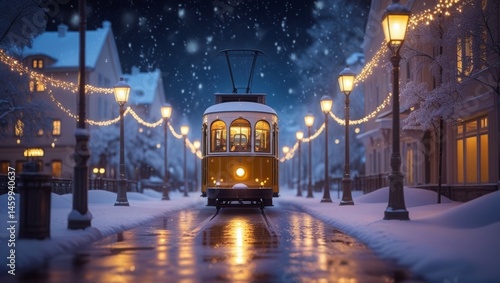 Winter evening scene with a small tram traveling through a snowy urban street, glowing lights and falling snow 