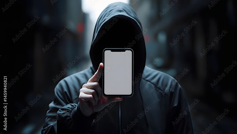 Anonymous Hacker Holding Smartphone with Blank Screen