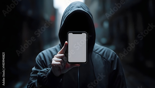 Obraz na płótnie Anonymous Hacker Holding Smartphone with Blank Screen w salonie