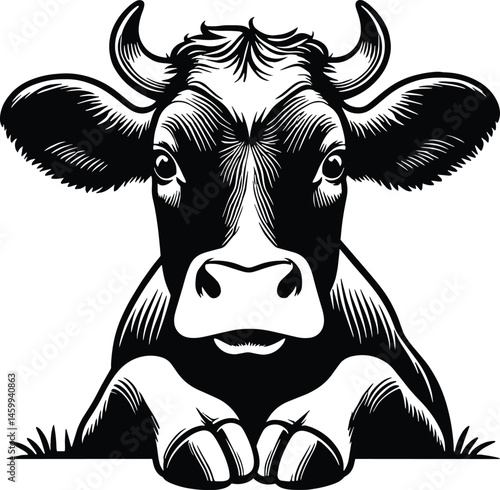 Detailed Black and White Cow peeking Portrait