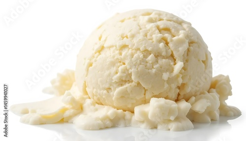 Photorealistic macro of a scoop of vanilla ice cream with visible cold texture and melting edges, white background
