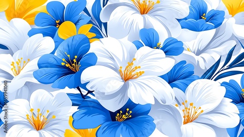 Seamless Floral Pattern with Blue White and Yellow Flowers Decorative Art Nouveau Style Background