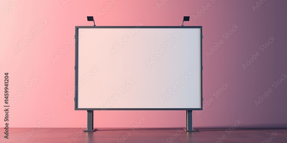 Obraz premium A blank billboard with lights on top against a pink and purple gradient background wall