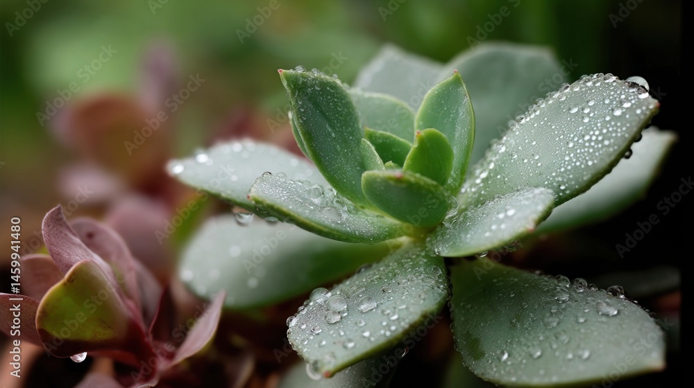 A closeup of a succulent plant with dew drops on its leaves highlighting the importance of water conservation and resilience in arid environments.