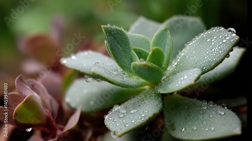 A closeup of a succulent plant with dew drops on its leaves highlighting the importance of water conservation and resilience in arid environments.