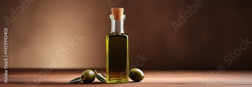 Wallpaper Mural Dark glass olive oil bottle with cork, wooden surface, organic, domestic, clean Torontodigital.ca