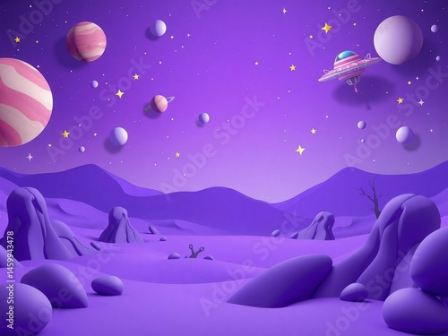 3d kid background. Galaxy space podium, rocket planet and toy spaceship as star children products promo presentation, birthday room. Cute cartoon childish banner backdrop. Vector showcase	