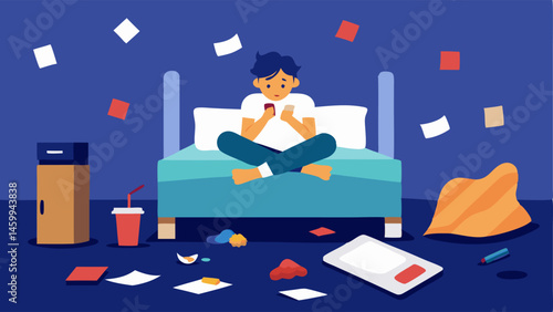 Messy Recovery The bed is cluttered with cled papers and snack wrappers while a person yawns and scrolls on their smartphone.