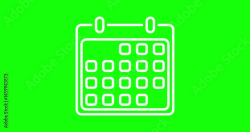 Animated accept date white line icon. Calendar with checkmark. Loop HD video with chroma key, alpha channel on transparent background, black solid background. Outline motion graphic animation