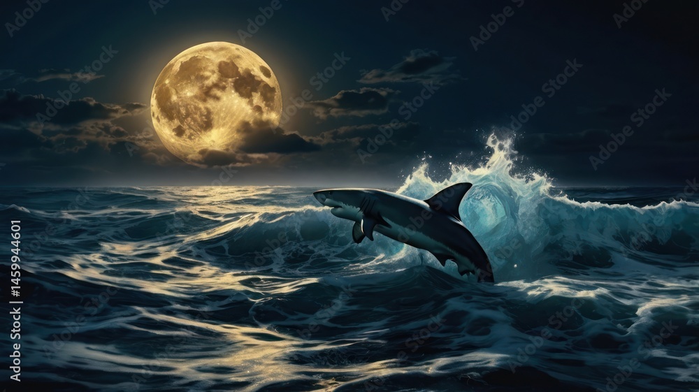 Naklejka premium Shark leaps through moonlit waves