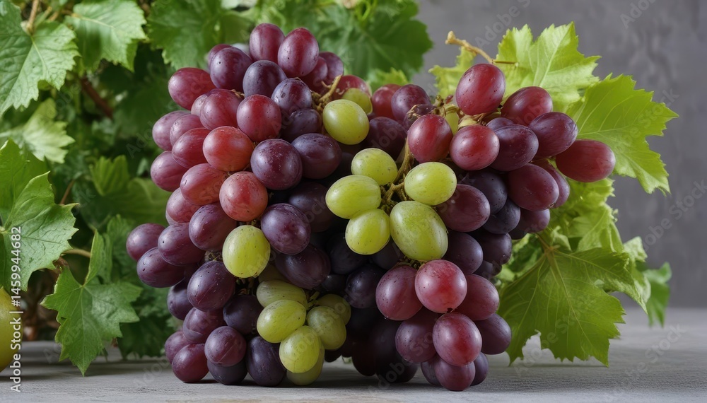 Fototapeta premium Lush grape cluster, verdant foliage, clean background Still life imagery Close up of fruit for print media , food photography, produce, cluster