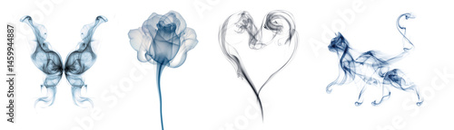 Smoke art collection of butterfly, rose, heart, and cat shapes in blue on transparent background, abstract fantasy design for romantic, creative, and mystical digital artwork use