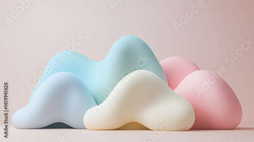Pastel abstract soft shapes in 3D style on beige background
