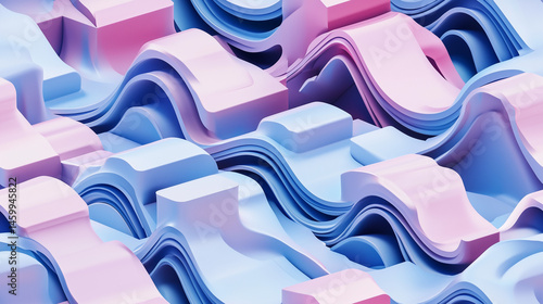 3D abstract layered waves in pastel blue and pink tones