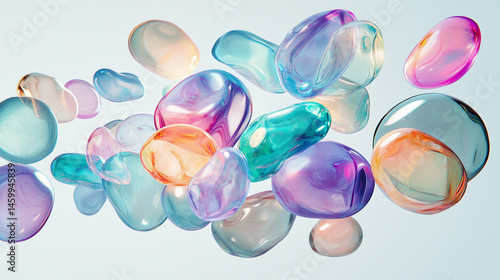 Floating glass blobs in pastel and iridescent tones