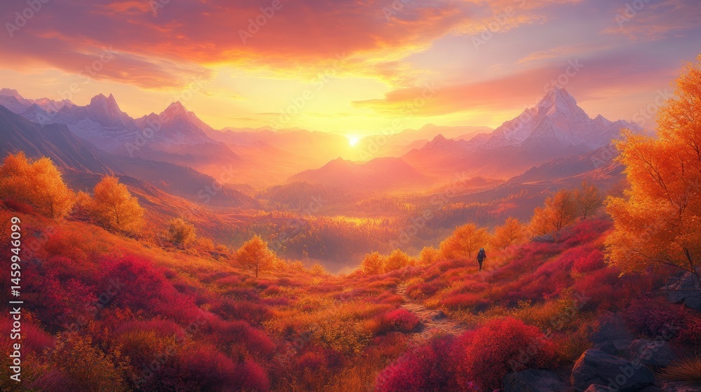 Fototapeta premium Vibrant autumn plateau with a single hiker making their way toward far-off, glowing mountains under a bright, warm sky. Nature at its most beautiful.