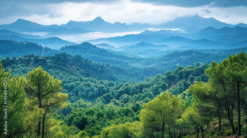 Fototapeta premium Lush green forest blankets rolling hills, mountains in hazy distance under cloudy sky
