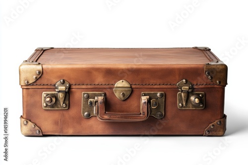 Vintage leather suitcase with brass accents and sturdy handle on white background