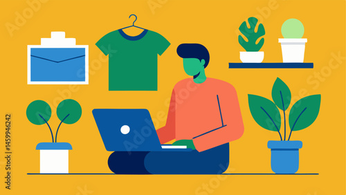 Online Shopping An individual browsing a laptop with displayed images of secondhand items like furniture and clothes surrounded by potted plants promoting a sustainable vibe.
